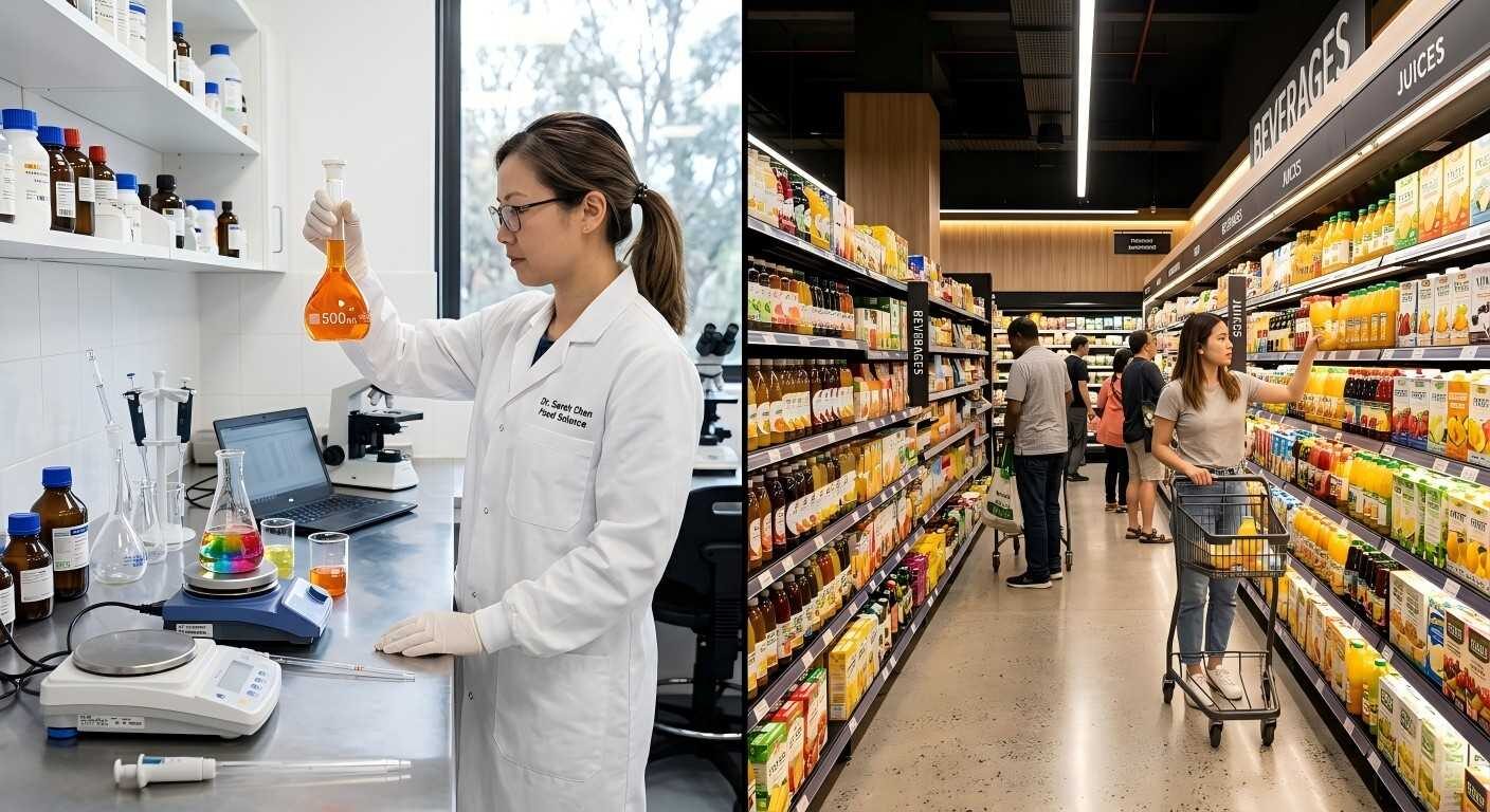 منظر احترافي على شاشة مقسمة يظهر عالم أغذية في مختبر أصلي وممر سوبر ماركت حديث، مما يوضح رحلة الابتكار الغذائي.