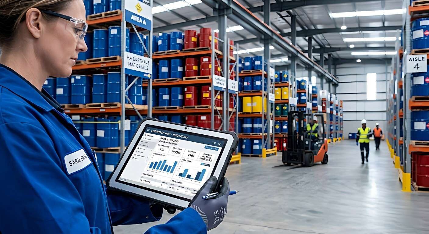 Un centro logístico profesional que cuenta con bidones de productos químicos organizados y un trabajador que utiliza una tableta digital para realizar un seguimiento del inventario en tiempo real.