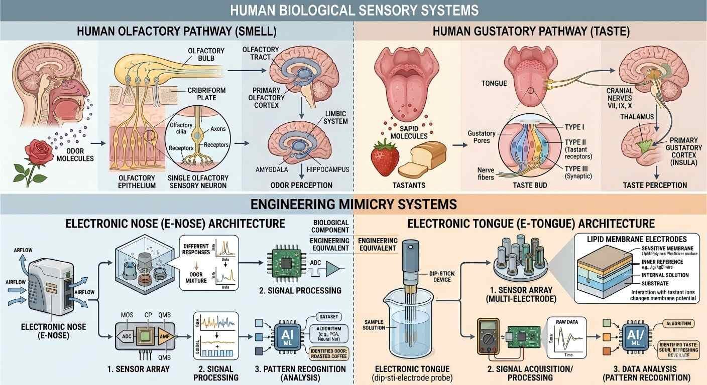 详细的比较示意图显示了人类嗅觉和味觉通路以及电子鼻和舌头的工程架构。