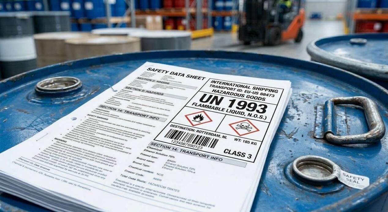Una foto macro de una ficha de datos de seguridad y una etiqueta de envío internacional con el código ONU 1993 colocada sobre un tambor industrial metálico.