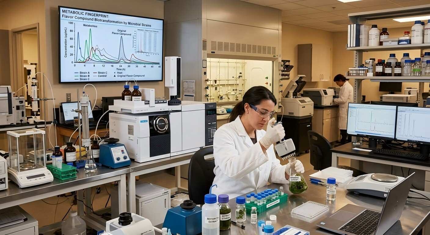 一位科学家在高科技实验室中分析了细菌菌株处理的风味化合物的代谢指纹。