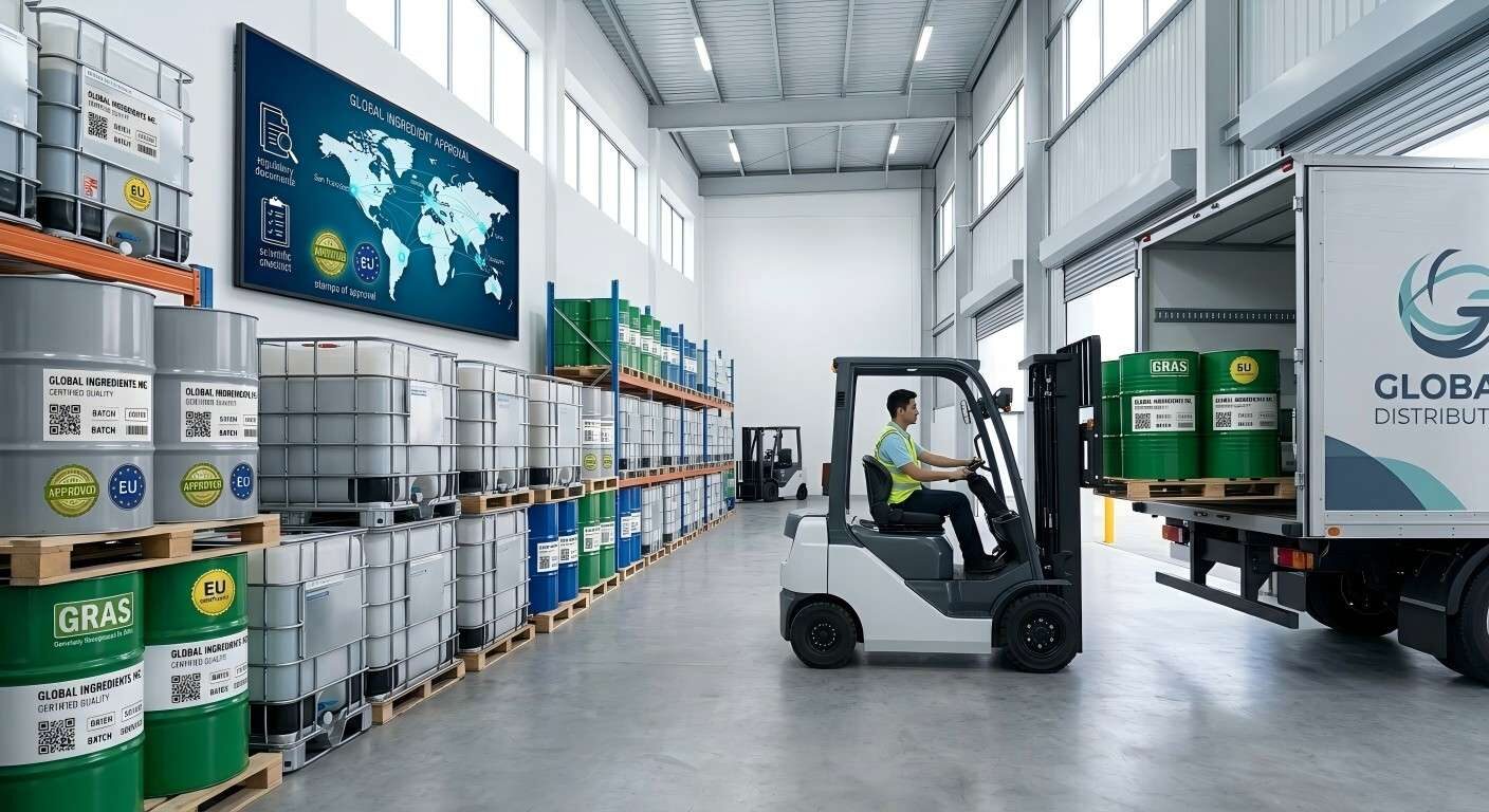 现代化仓库设施的广角镜头,配有品牌工业桶和 IBC 手提袋,正在装载用于全球市场分销。