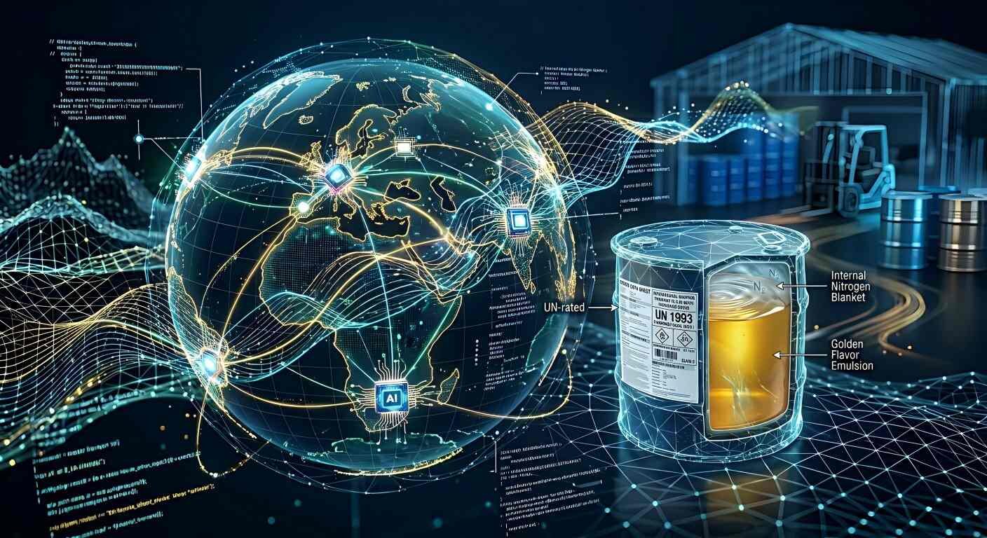 Una visualización abstracta de alta tecnología de un globo digital con nodos de IA y rutas de cadena de suministro conectadas a datos de almacenamiento industrial.