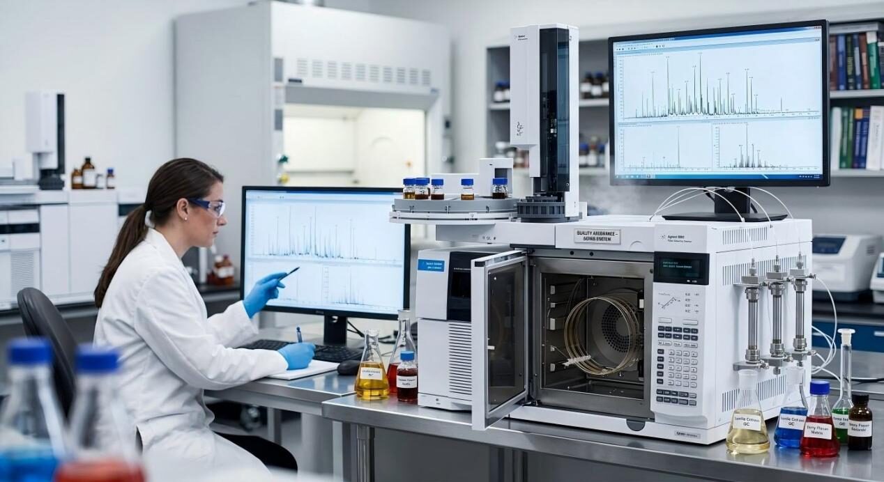 مشهد معملي يتضمن تحليل GC-MS، مما يوضح المعايير الفنية الصارمة ومراقبة الجودة في إنتاج النكهات.