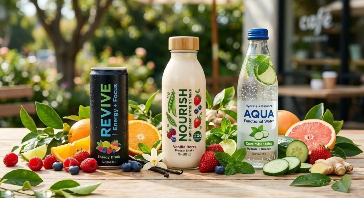 Яркая демонстрация готовых функциональных напитков, подчеркивающая успех высококачественной вкусовой композиции.