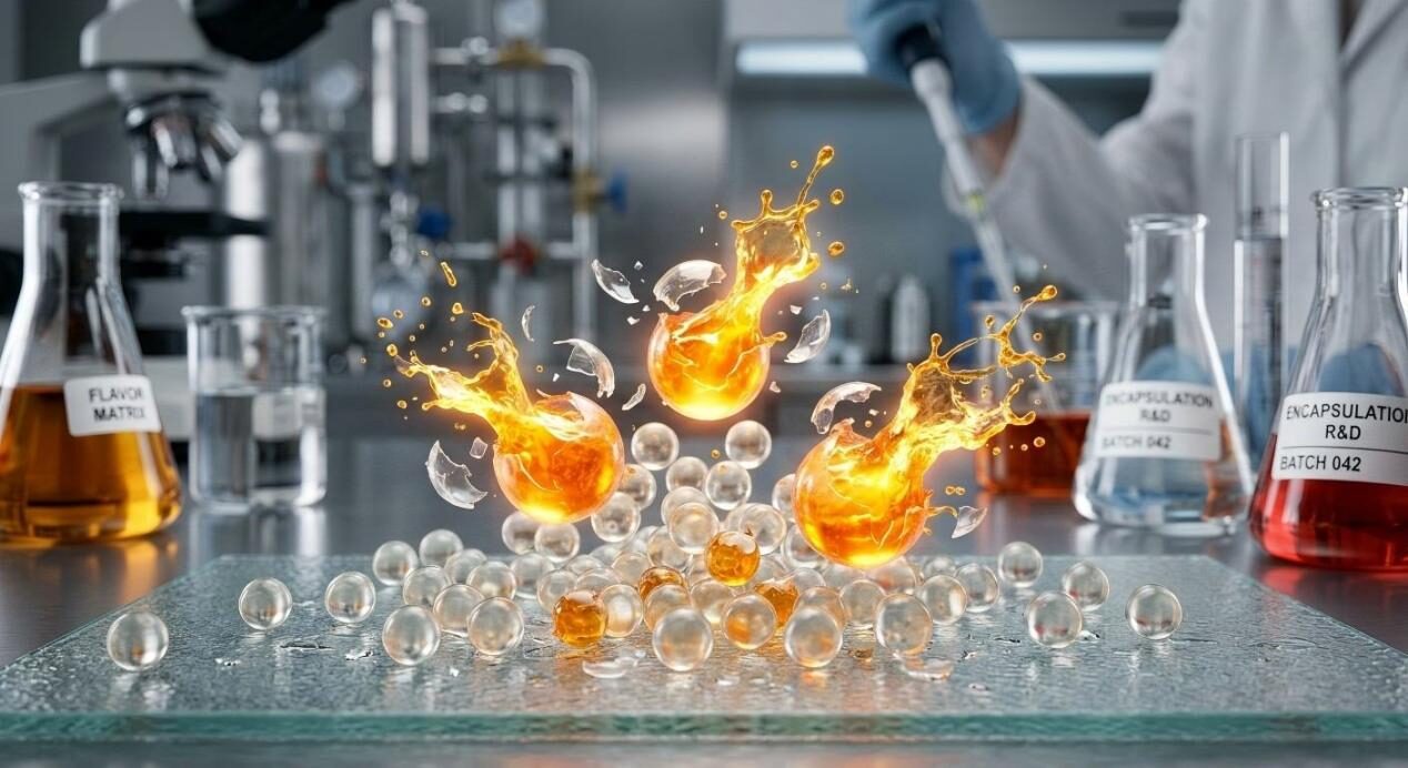 A conceptual view of microcapsules bursting to release flavor, highlighting high-tech food engineering and encapsulation technology.