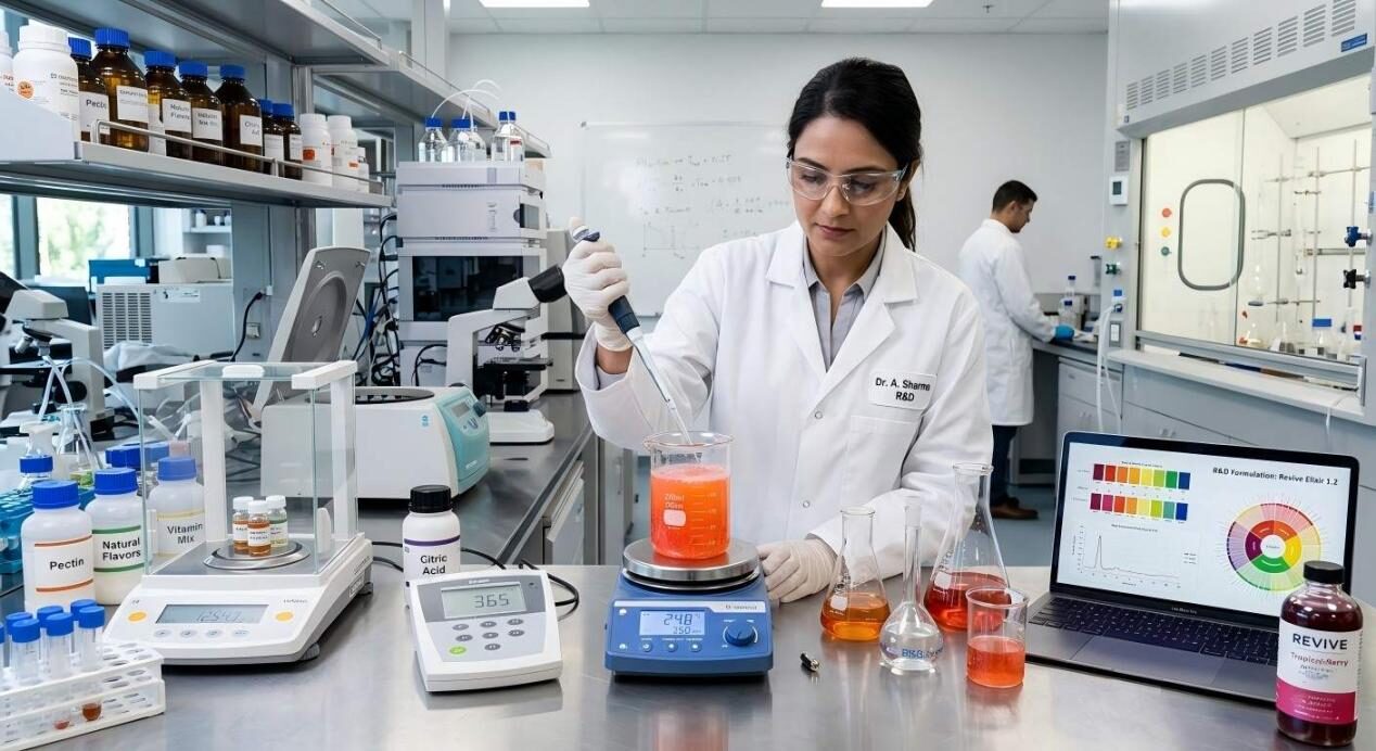 A food scientist in a professional lab setting analyzing a functional beverage to ensure precise flavor formulation.