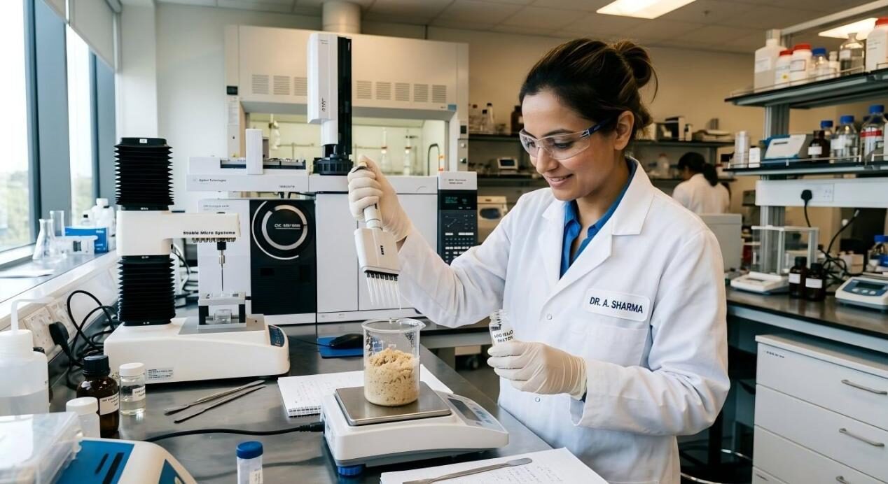 A food scientist in a modern lab uses precision pipetting to develop flavors for sustainable, upcycled protein bases.