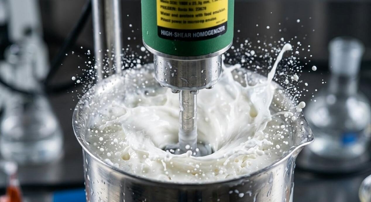 A detailed macro shot capturing the dynamic fluid movement and emulsion formation within a high-shear homogenizer in a stainless steel beaker.