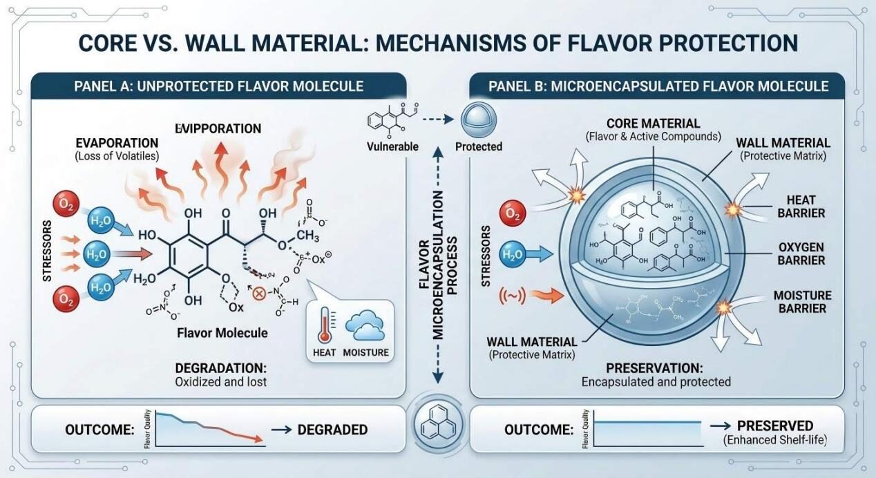 An infographic explaining the science of flavor protection, contrasting unprotected molecules with microencapsulated flavor stability.