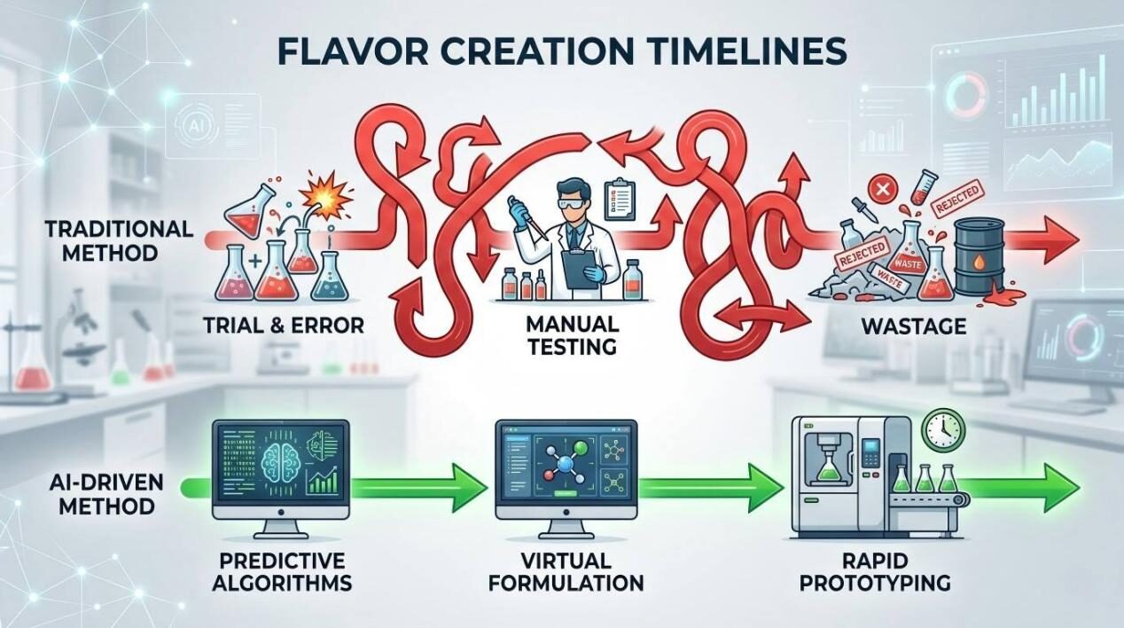 Compare the traditional, manual flavor creation process with the speed and precision of AI-driven virtual formulation.