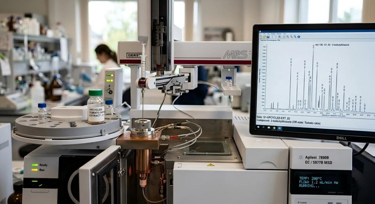 High-tech Gas Chromatography-Mass Spectrometry (GC-MS) identifies flavor profiles and off-notes in upcycled food extracts.