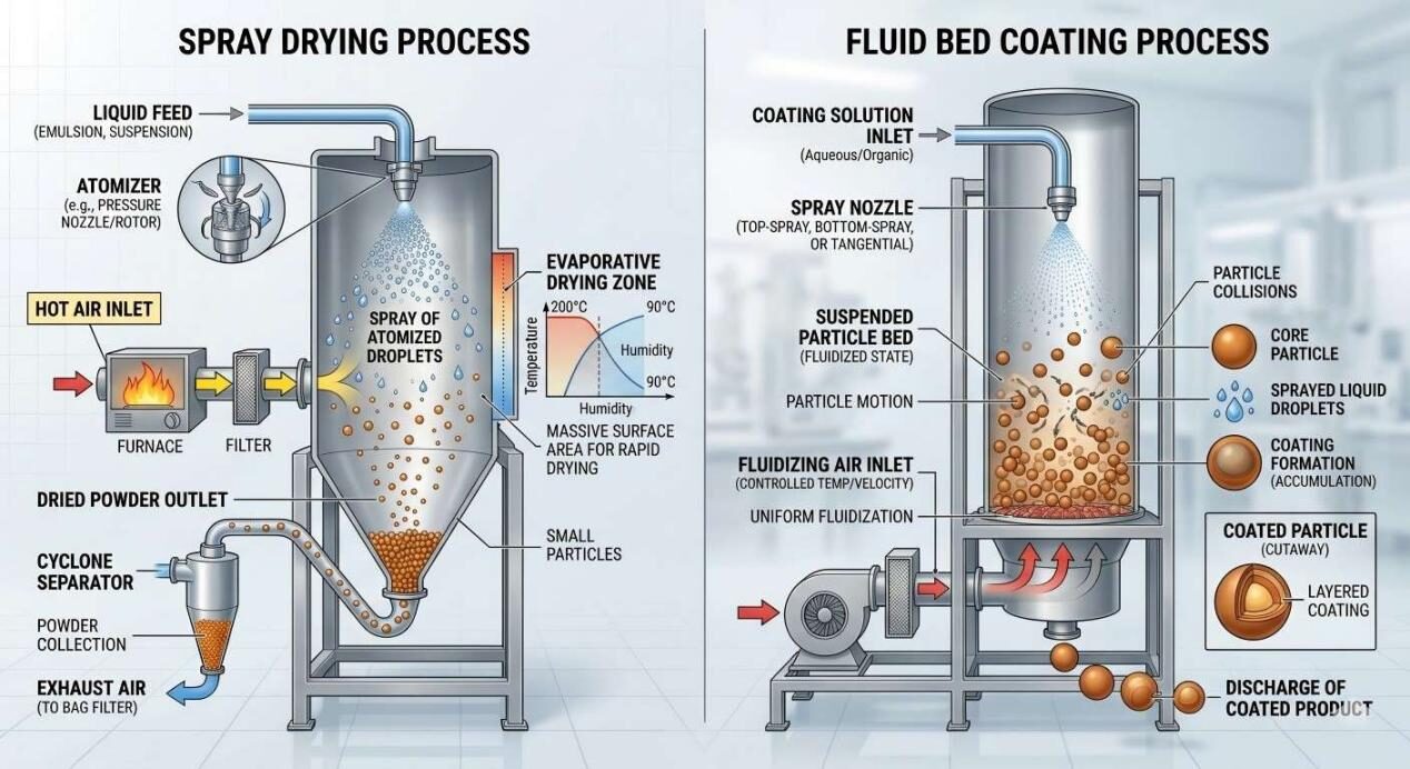 A technical comparison between spray drying and fluid bed coating processes for effective flavor encapsulation in manufacturing.
