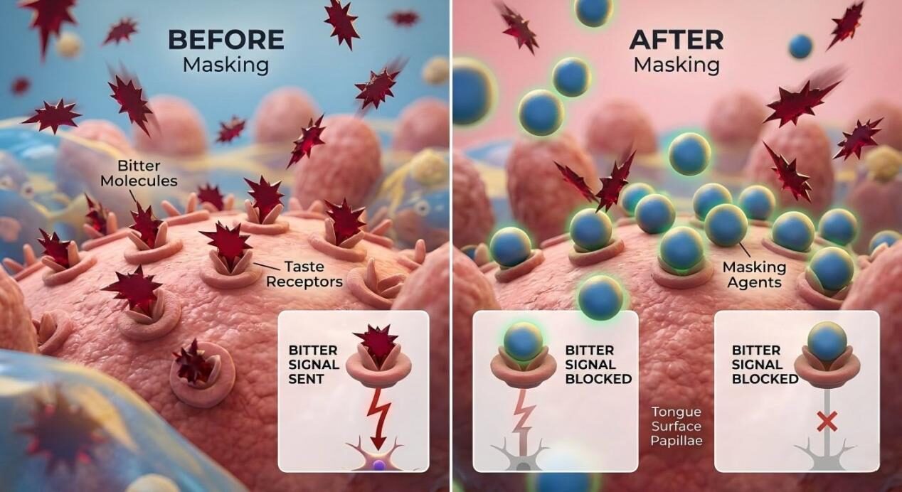 A 3D scientific visualization showing how masking molecules bind to taste receptors to block bitterness signals.