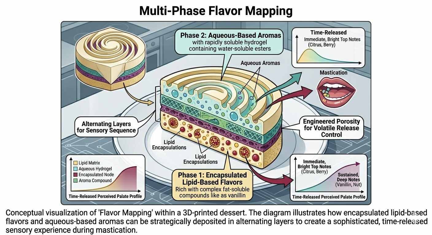 A conceptual look at flavor mapping: using alternating lipid and aqueous layers in 3D-printed food to create a sophisticated, time-released sensory experience.