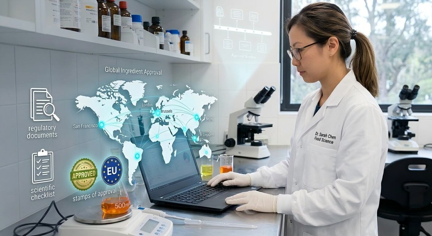 A modern infographic overlaying a global node map with regulatory icons like GRAS and EU stamps, symbolizing international food safety compliance.