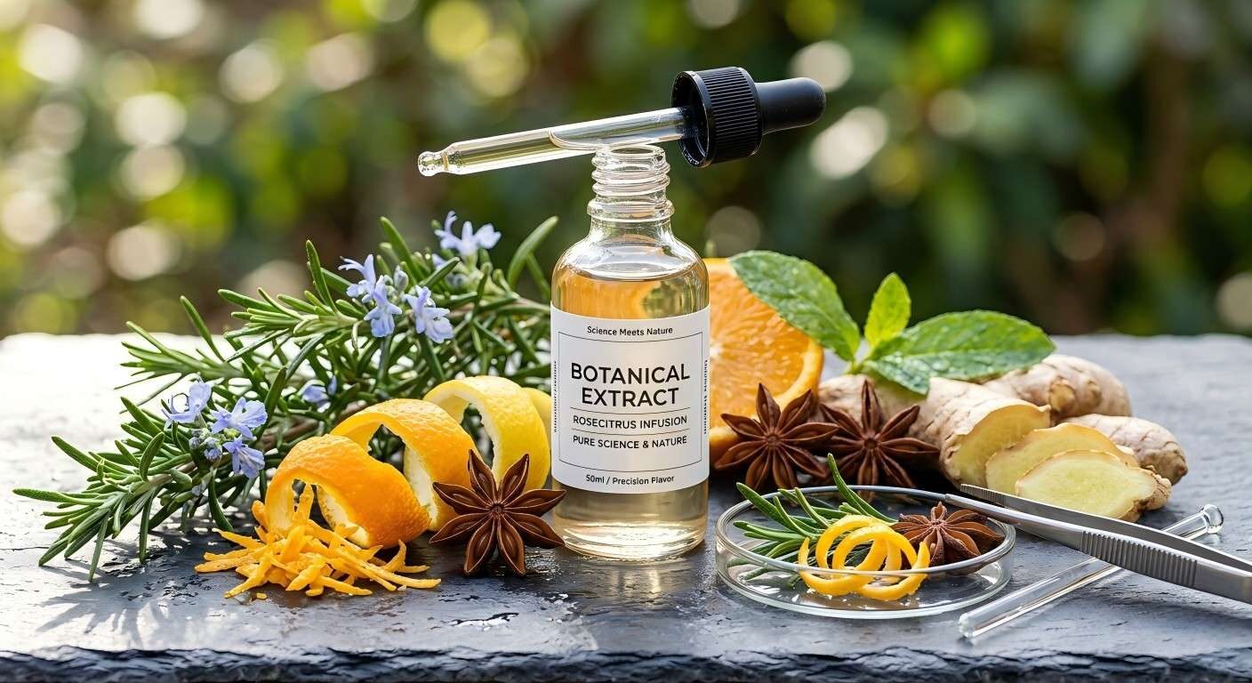 Macro photography of raw botanicals surrounding a precision glass dropper, representing the purity of natural flavor science.