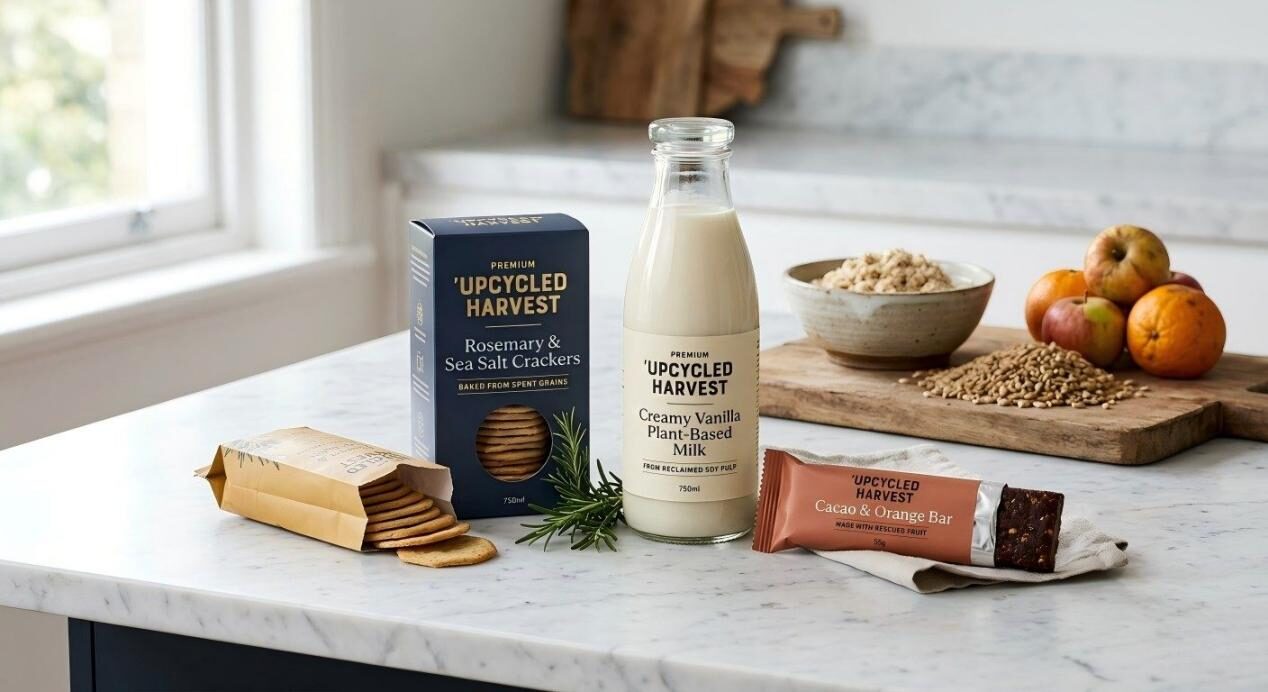 A hero shot of premium crackers, plant-based milk, and protein bars made from rescued ingredients and upcycled food waste.