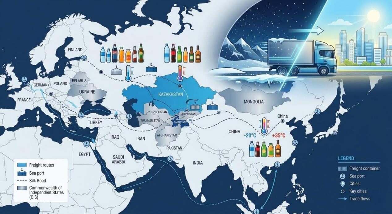 Optimizing beverage supply chain logistics across the Silk Road and CIS region with temperature control.