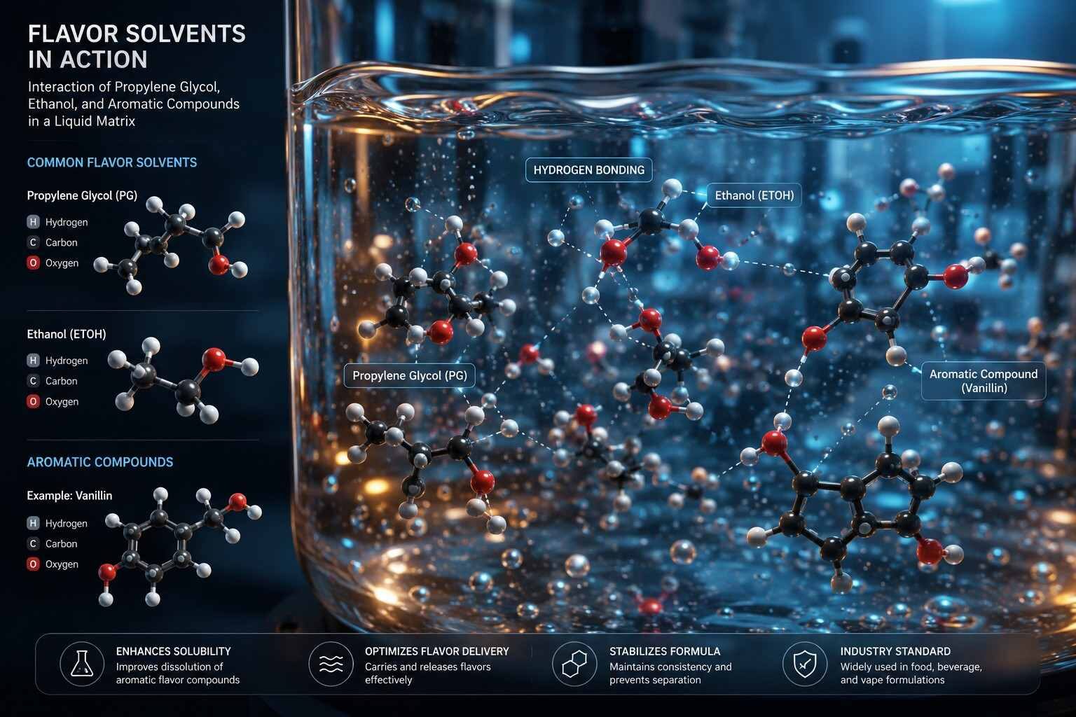 Высококачественная 3D-рендеринг, показывающая молекулярные взаимодействия между пропиленгликолем, этанолом и ароматическими соединениями в жидкой матрице, подчеркивающая передовые процессы пищевой химии и создания ароматизаторов.