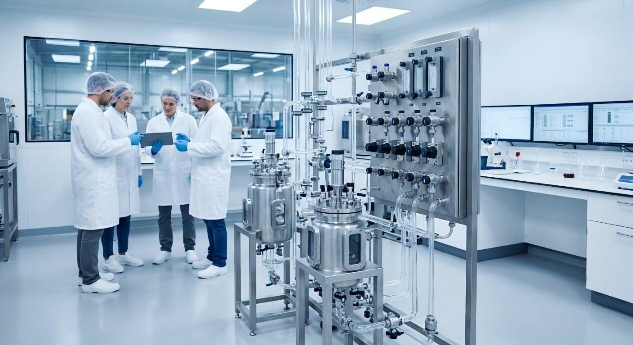 Vue professionnelle d'un laboratoire alimentaire moderne mettant en vedette des spécialistes de l'assurance qualité inspectant les équipements de transformation.