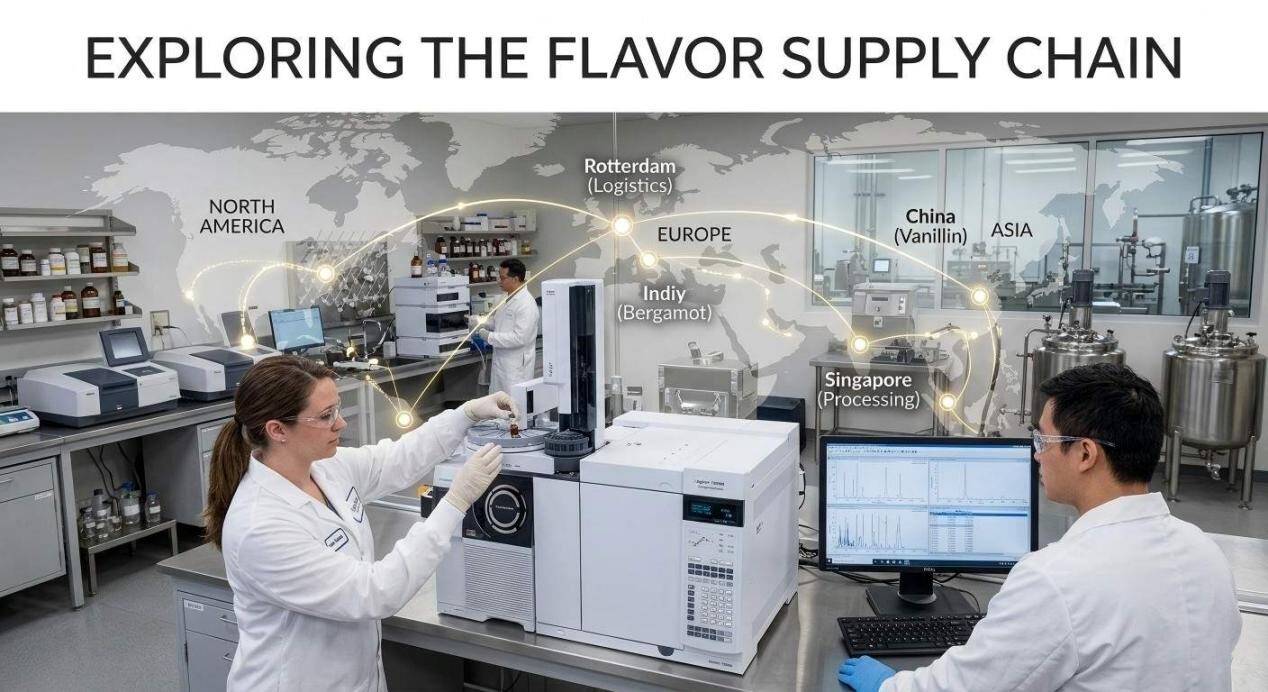 Des techniciens professionnels analysent les composés aromatiques par chromatographie en phase gazeuse dans un laboratoire d'arômes moderne doté de superpositions de chaîne d'approvisionnement mondiale.