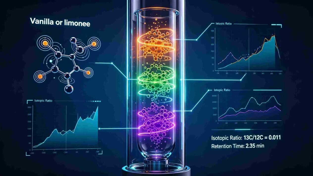 Representación 3D detallada que muestra la separación de moléculas de sabor en una columna de cromatografía con gráficos de datos científicos brillantes para análisis químicos de precisión.
