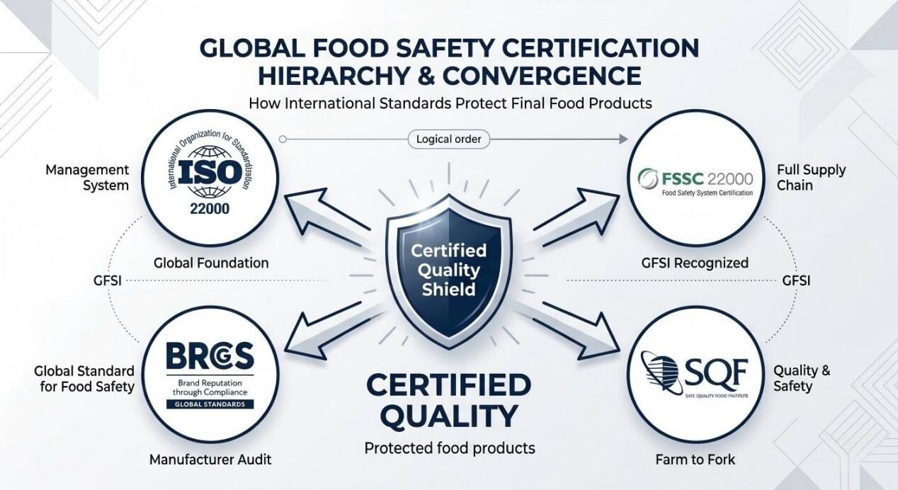 Infographie minimaliste détaillant la hiérarchie des normes mondiales de sécurité alimentaire, notamment FSSC 22000, BRCGS et ISO.
