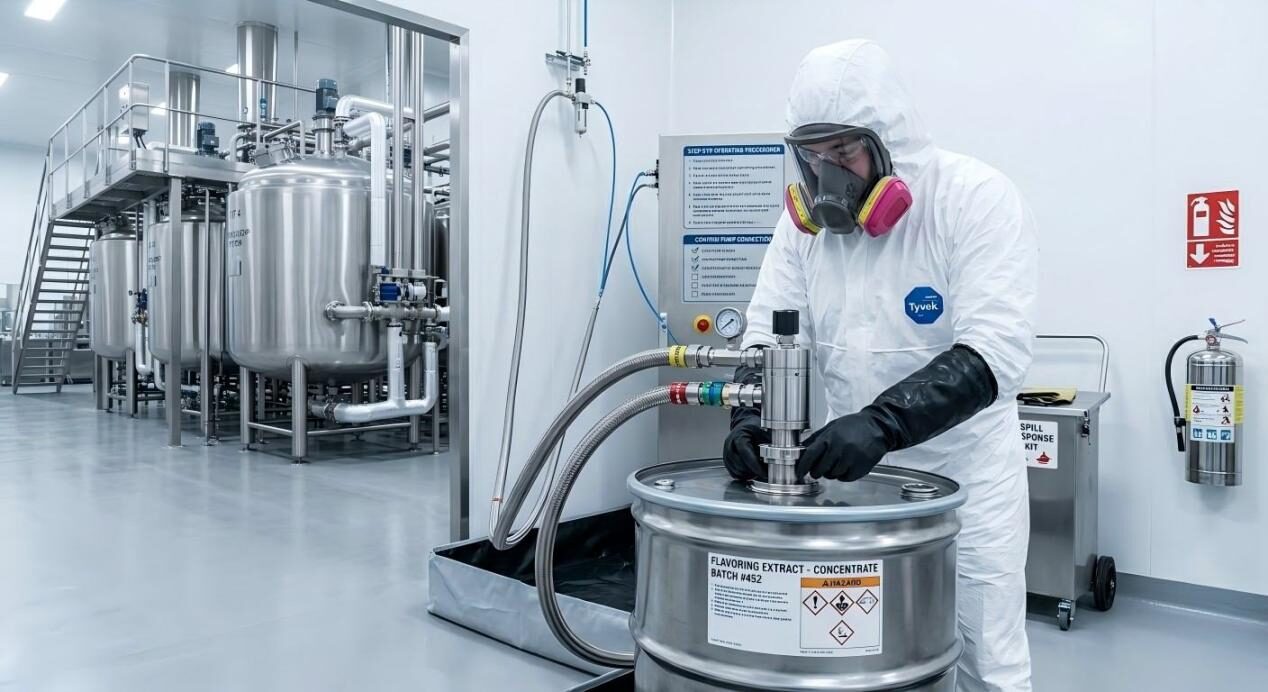 Un trabajador industrial vestido con un traje Tyvek completo, un respirador de media cara y guanteletes resistentes a productos químicos opera de forma segura una bomba neumática de circuito cerrado.