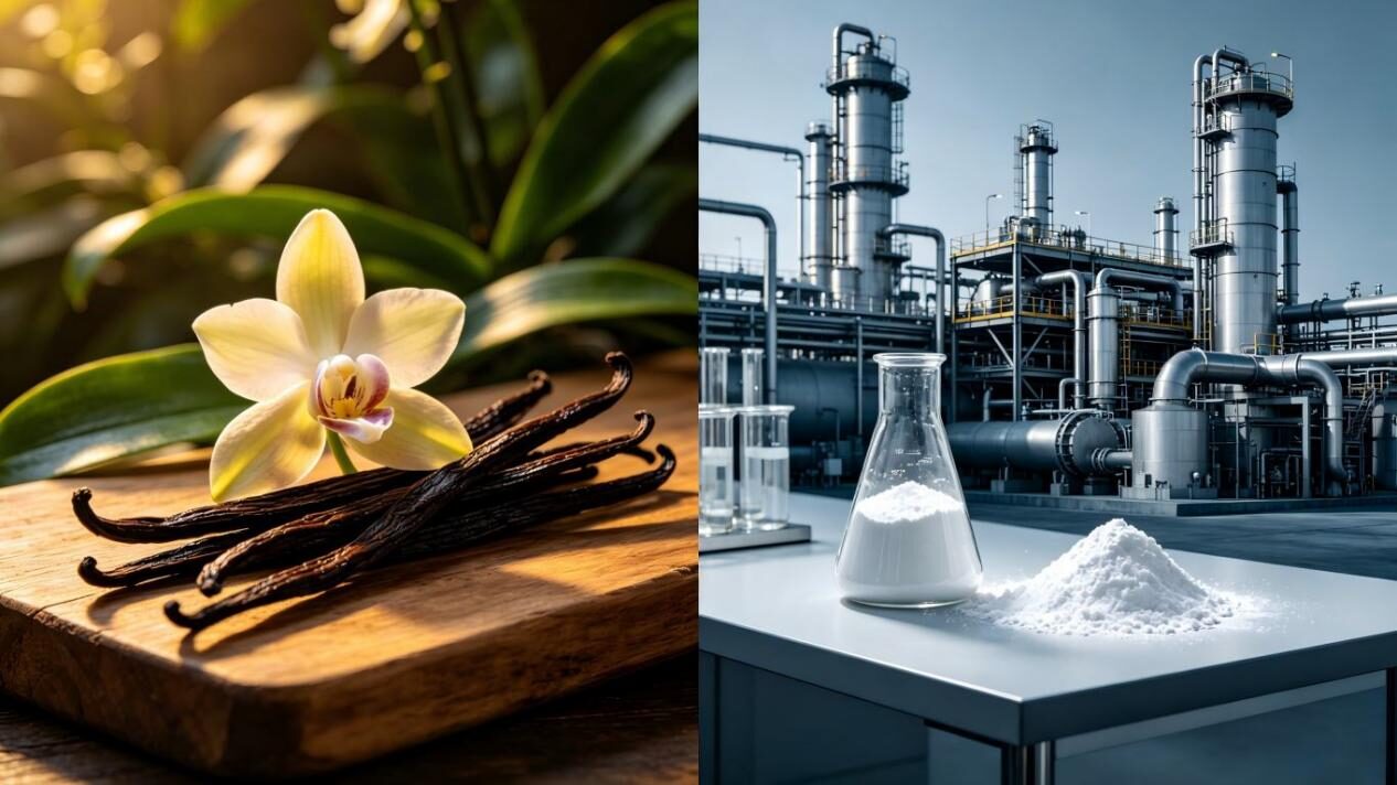 Contraste visual entre la vainilla natural de las orquídeas vainilla y el polvo de sabor sintético industrial, comparando sabores agrícolas reales y aditivos sintéticos baratos.