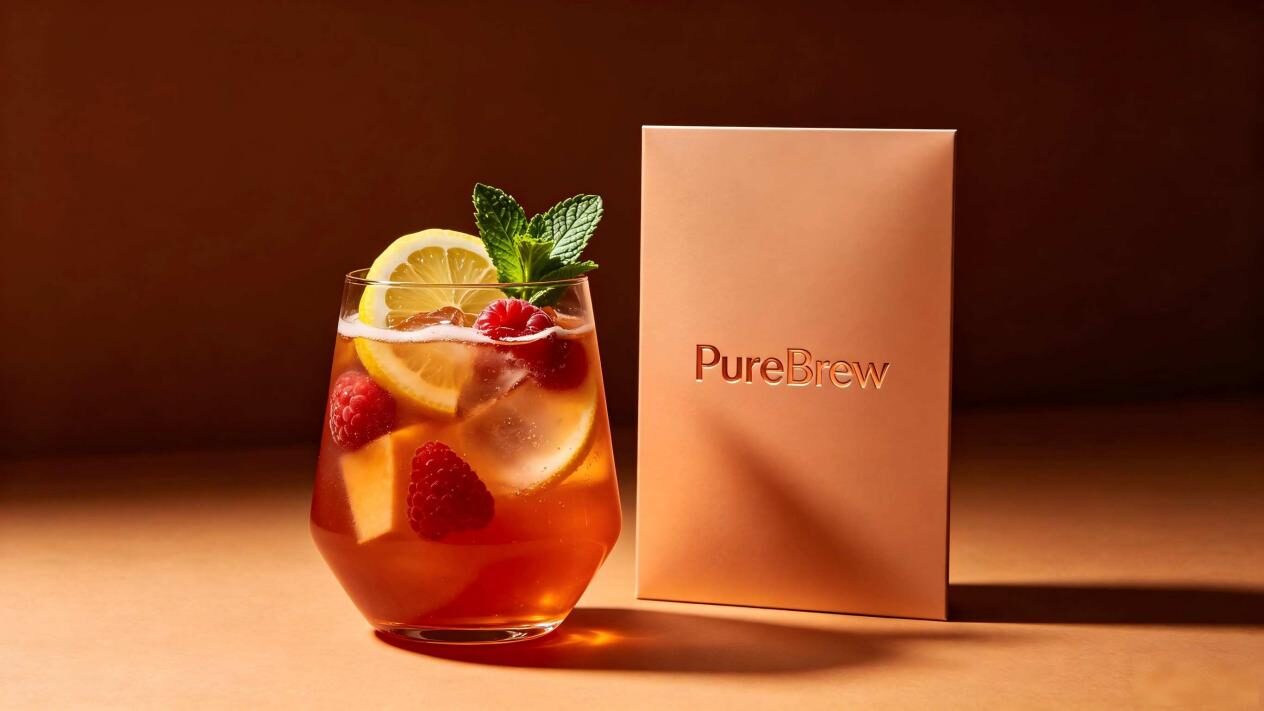 Cálido y acogedor trago de una deliciosa bebida de frutas artesanal junto con un moderno empaque de marca, que muestra productos de sabor seguros y de alta calidad para el consumidor.