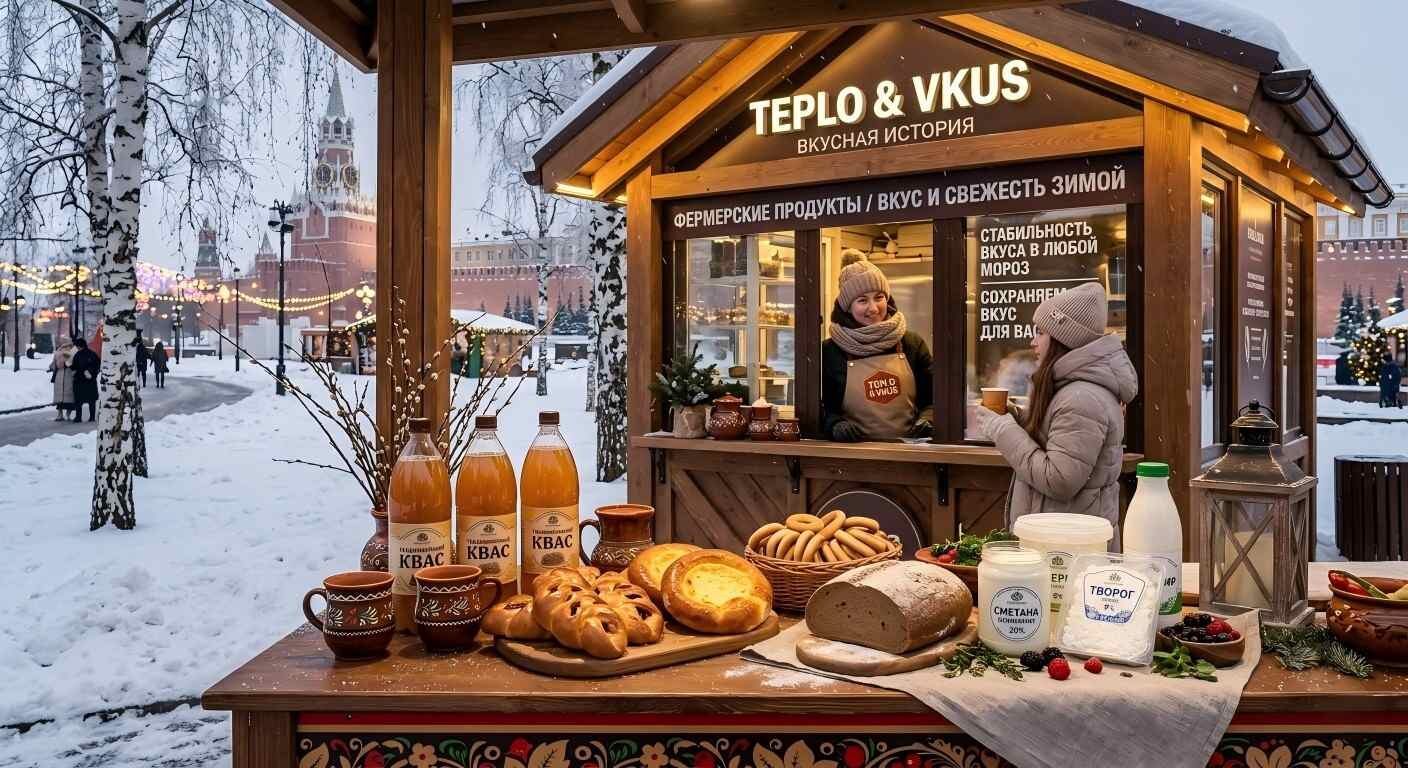 Визуально привлекательная витрина современной российской продовольственной логистики с квасом, премиальной выпечкой и молочной продукцией. Это изображение подчеркивает практическое применение стабильности вкуса традиционных продуктов в суровом холодном климате.