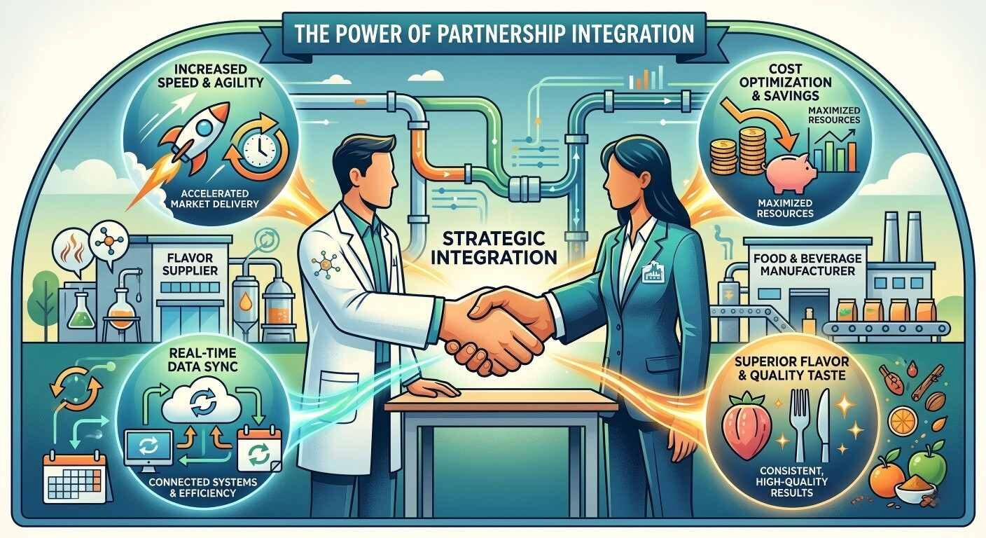Graphique stylisé illustrant le partenariat stratégique entre les fournisseurs d'arômes et les fabricants de produits alimentaires avec des icônes d'efficacité.