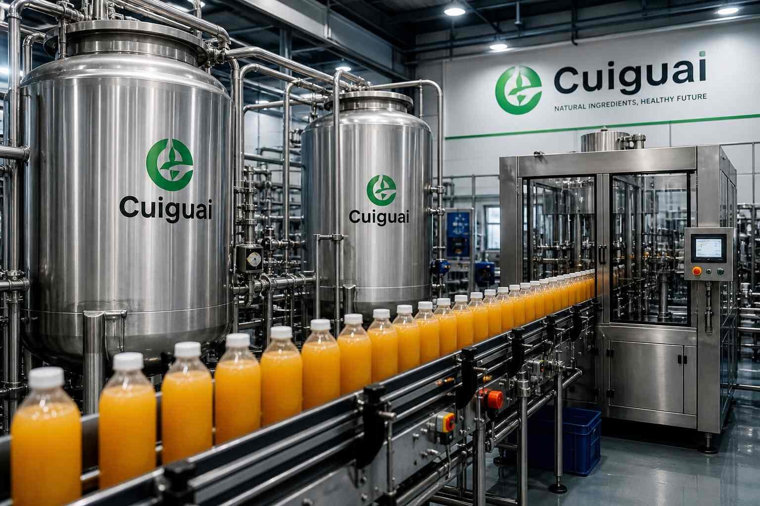 High-quality image of a modern beverage manufacturing facility featuring stainless steel mixing tanks and automated bottling lines, showcasing efficient, hygienic, and scalable production.
