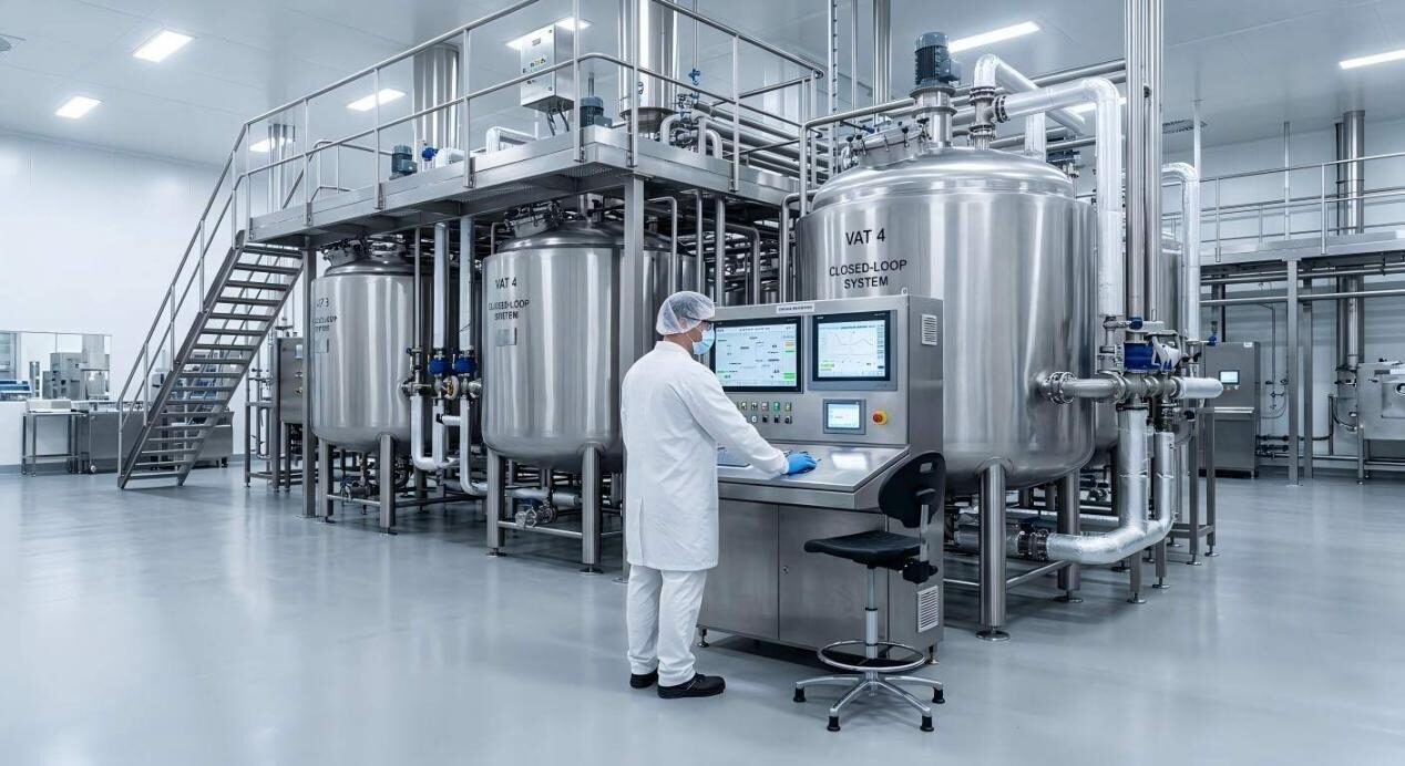 A high-resolution view inside a modern, sterile flavor manufacturing plant featuring stainless steel closed-loop mixing vats and advanced digital controls.