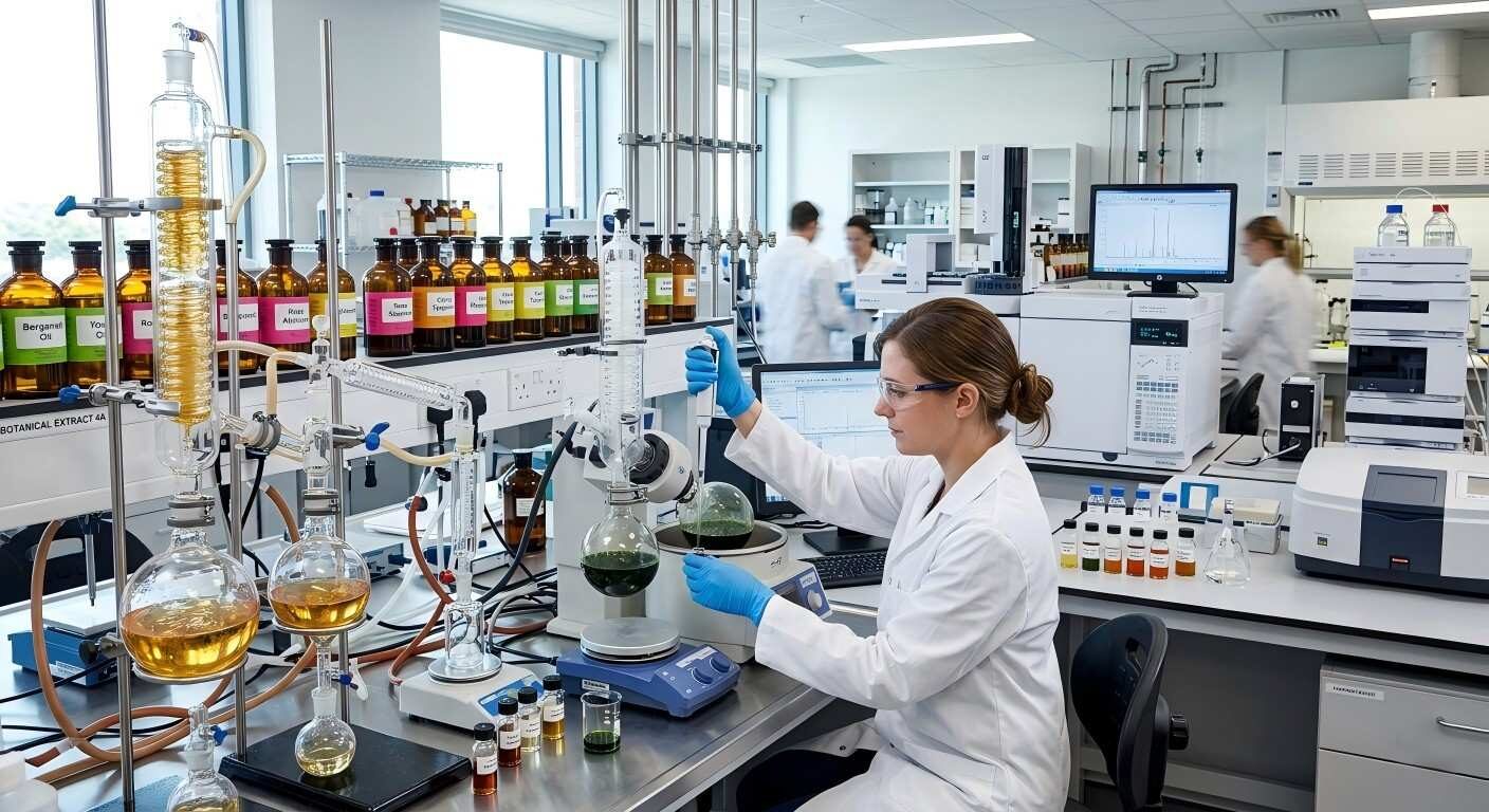 A high-resolution photograph showcasing a technician in a white coat analyzing botanical extracts with advanced laboratory glassware in a modern flavor chemistry lab.