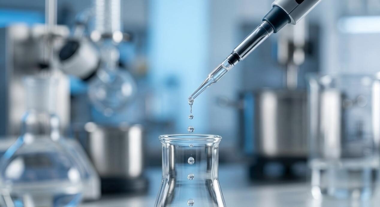Professional macro photography capturing precise flavor extract formulation in a modern laboratory setting, highlighting technical precision and industry compliance.