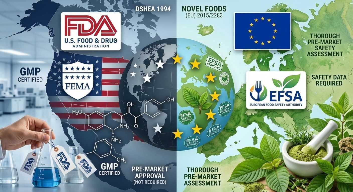 Explore the regulatory differences between US FDA and EU EFSA regarding natural flavorings and safety assessments.