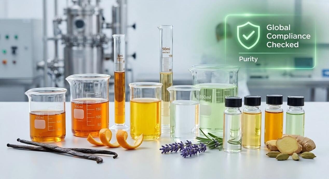 Professional laboratory display of flavor extracts and botanical raw materials with global compliance certification, ensuring purity and technical authority.