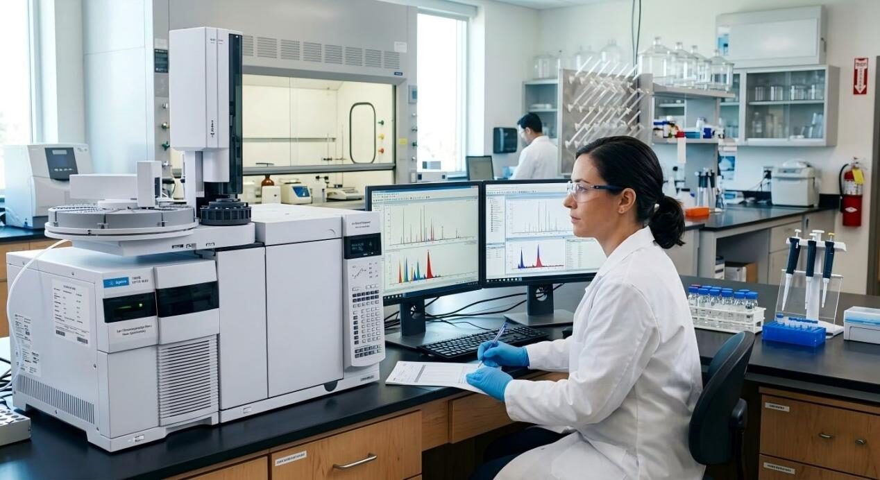 A food scientist reviews precise chromatogram data using GC-MS technology in a modern analytical laboratory setting.