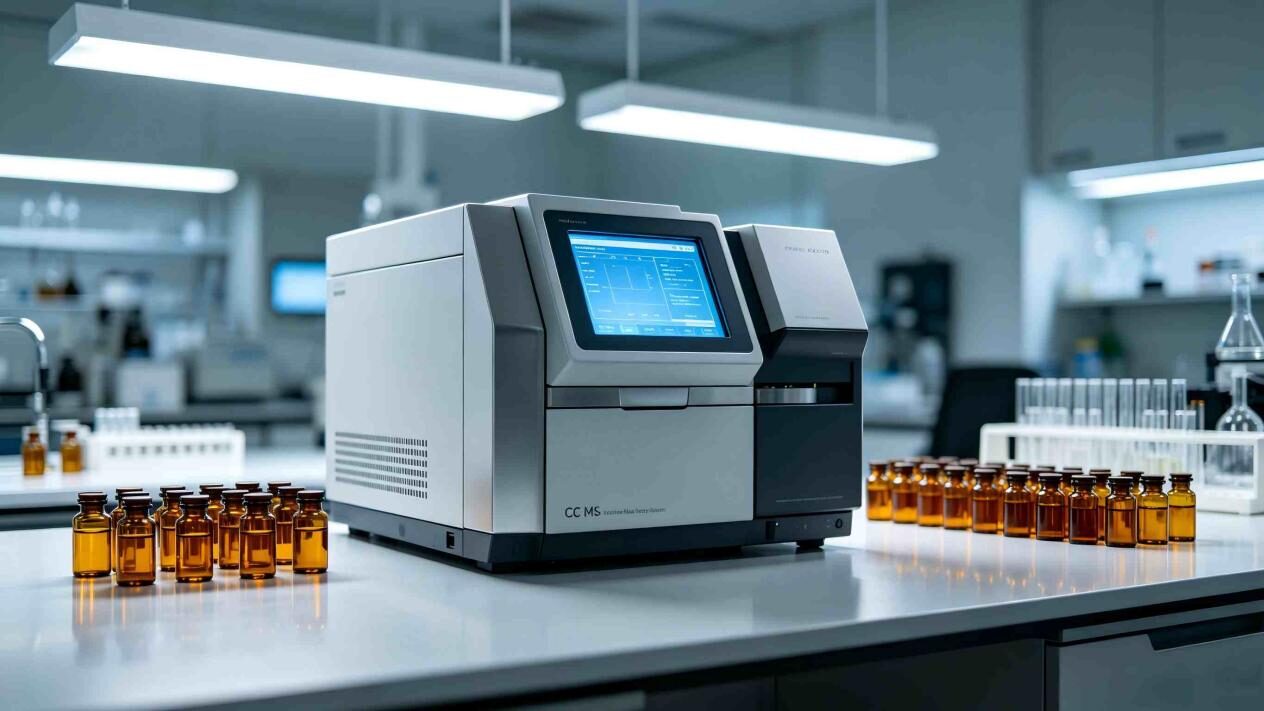 Professional photo of a modern analytical chemistry lab featuring a high-end GC-MS instrument and flavor extract vials for rigorous flavor quality testing and analysis.