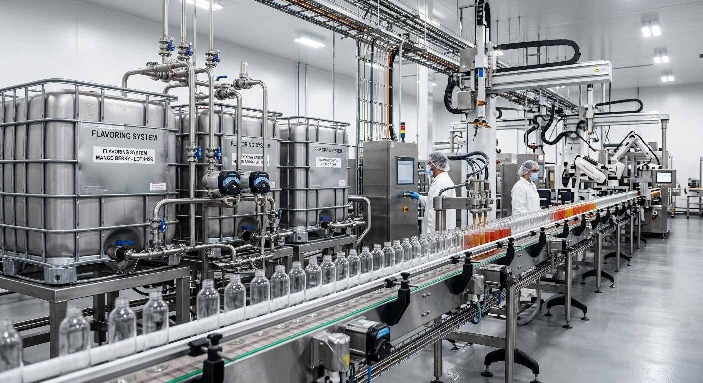 High-quality professional photograph of a clean, efficient food and beverage production line integrating liquid flavors.