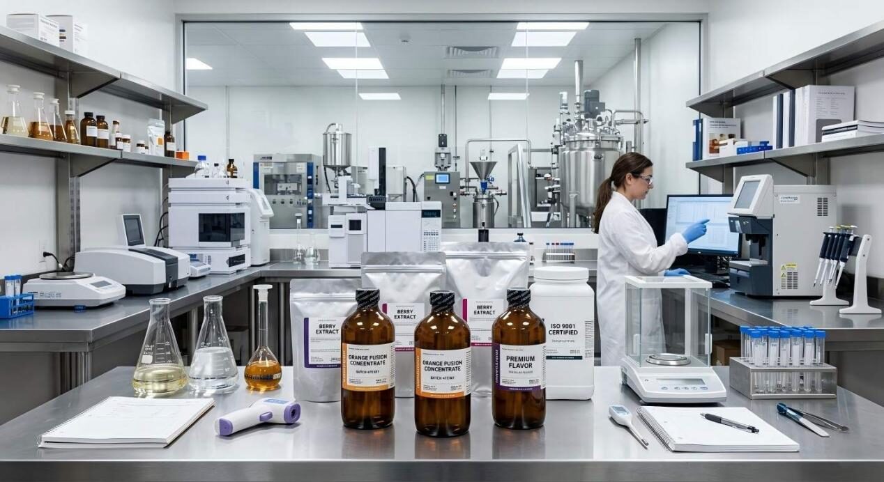 Professional amber glass and high-barrier containers for flavor concentrates in a modern food science laboratory.