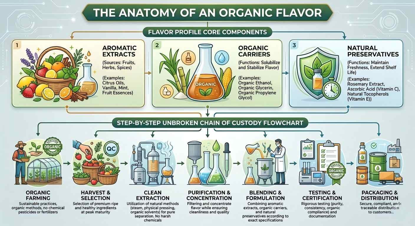 A detailed, professional infographic breaking down the anatomy of an organic flavor profile and illustrating an unbroken farm-to-certified-flavor chain of custody.