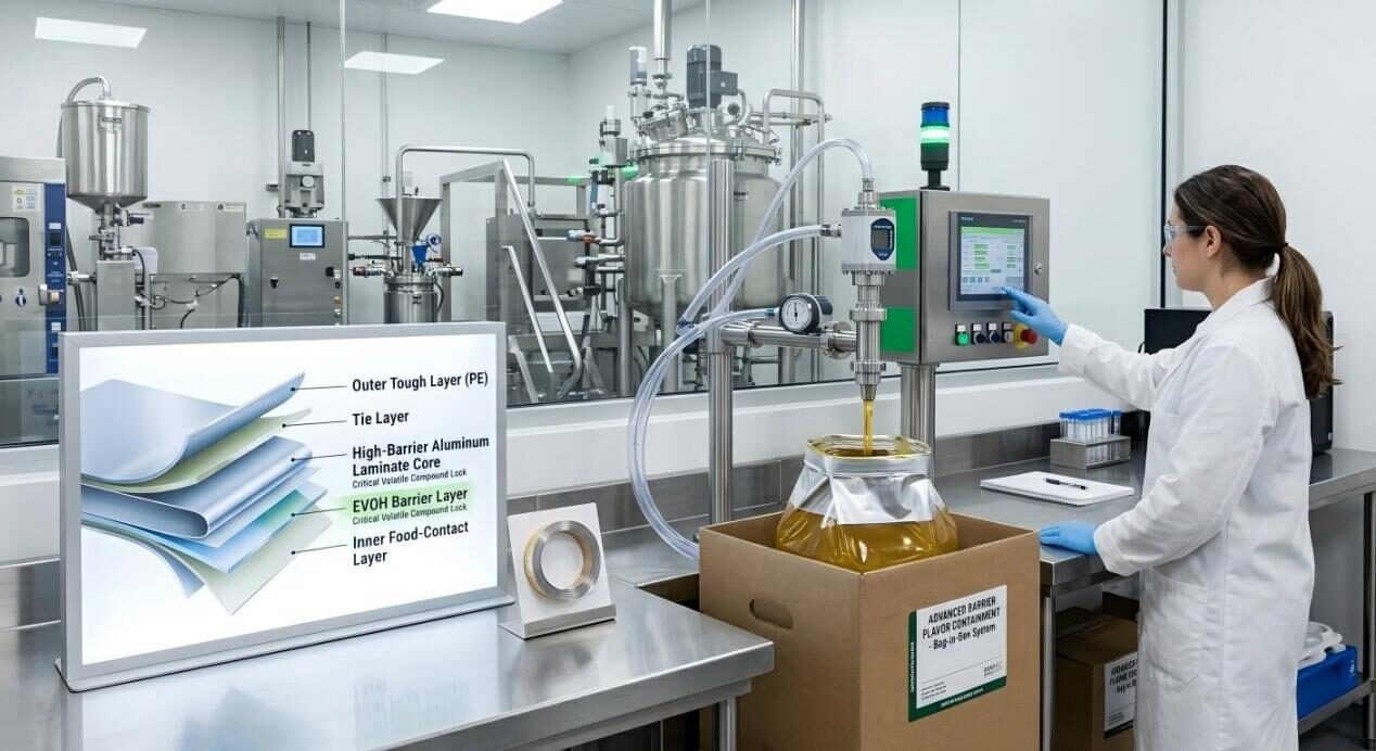 A technical visualization of multi-layer packaging materials designed to protect volatile flavor compounds.