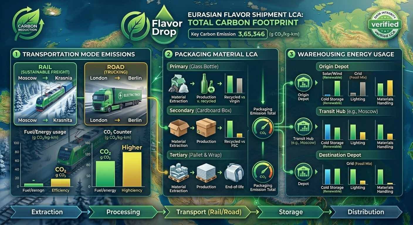 Detailed infographic showing the LCA of flavor transport, comparing rail vs. road carbon footprints.