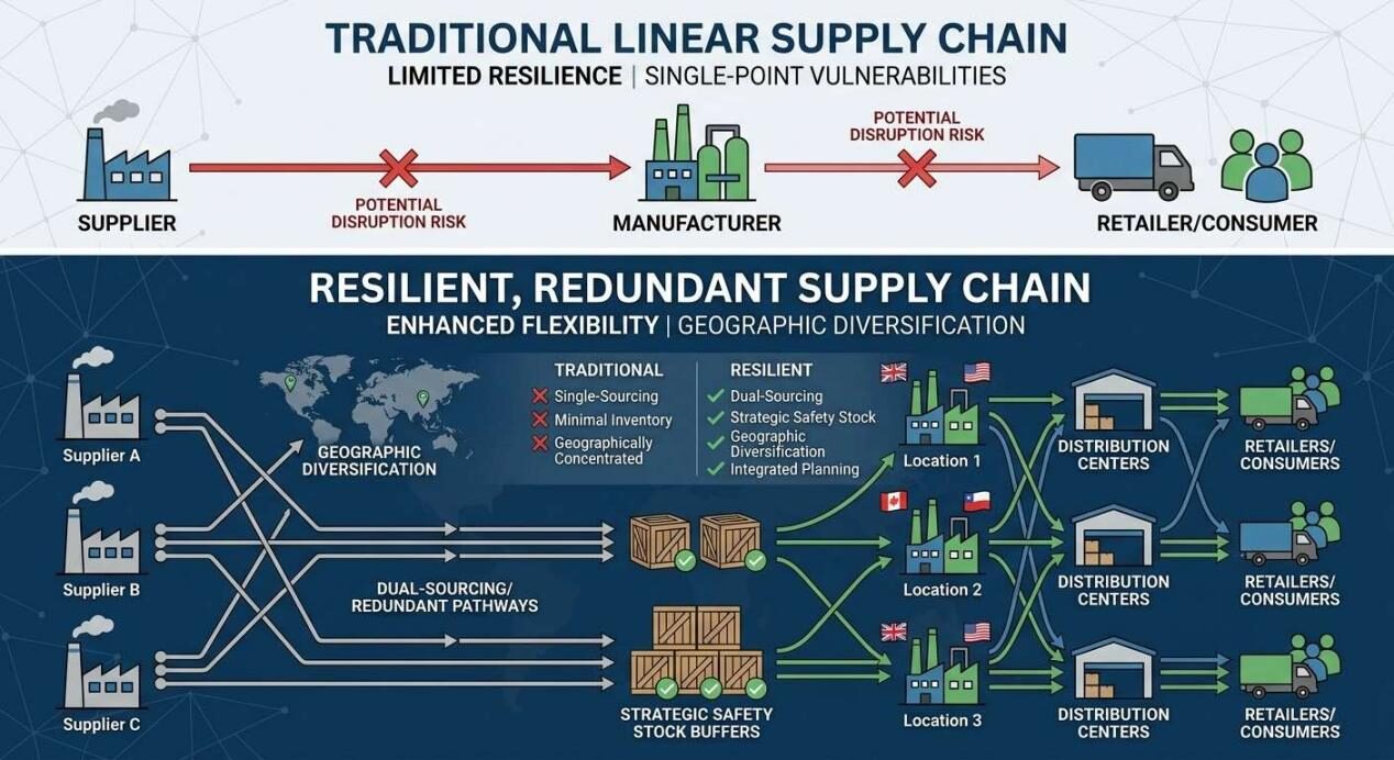 A detailed infographic comparing a traditional linear supply chain with a resilient, diversified supply chain featuring dual-sourcing and strategic safety stock buffers.
