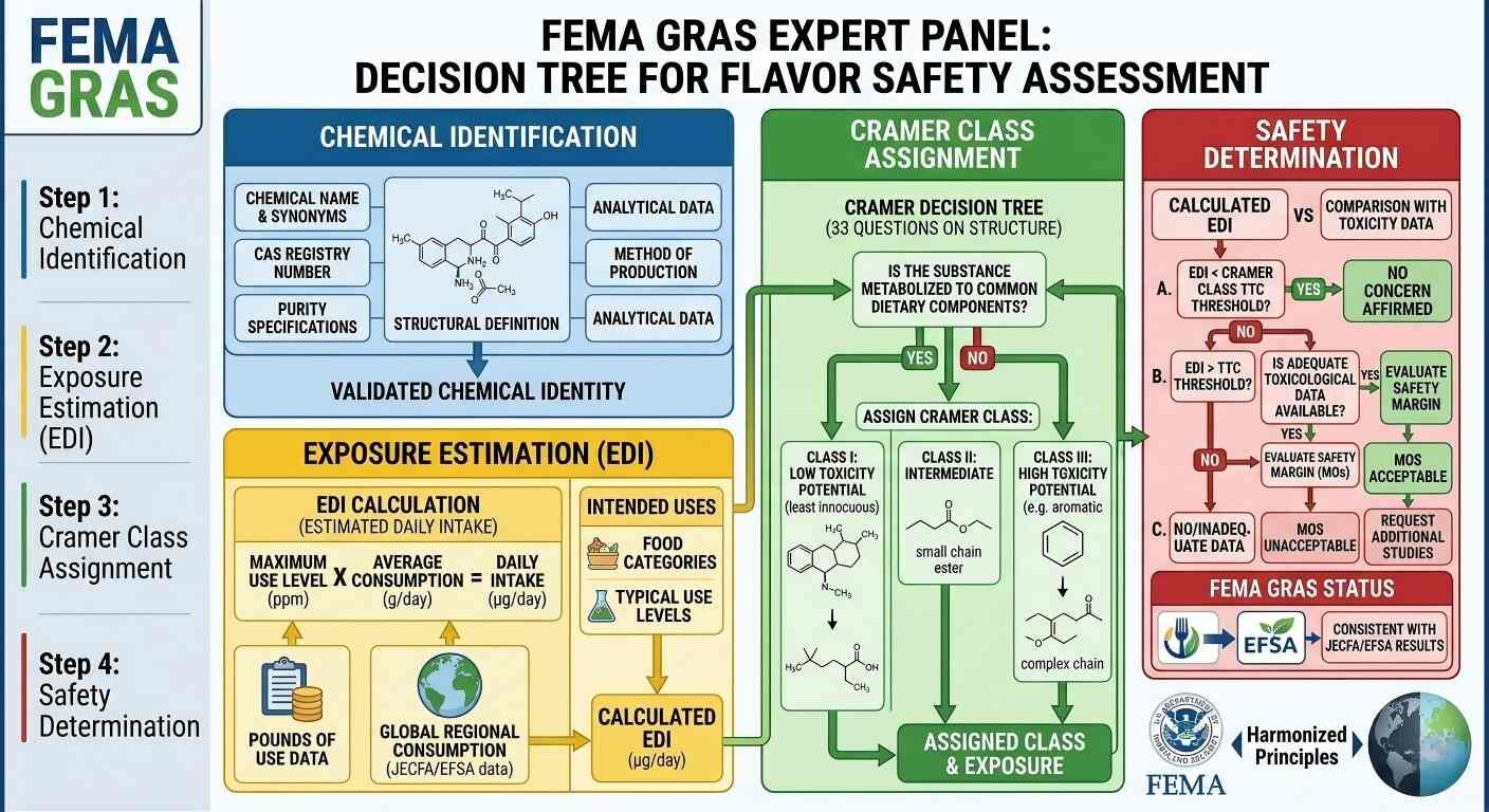 A clear infographic explaining the FEMA GRAS Expert Panel decision tree for evaluating flavor ingredient safety.