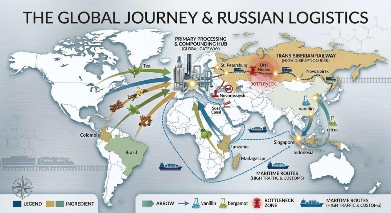 An infographic mapping the global journey of flavor ingredients from Asia and Africa through key transit nodes and the Trans-Siberian Railway.
