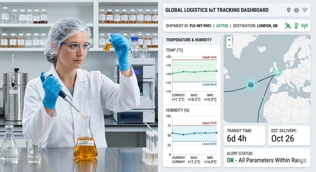 Split-screen visual showing laboratory quality control alongside a digital dashboard for real-time IoT tracking of shipments.